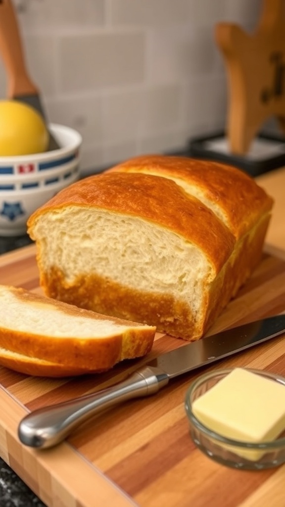 A loaf of no yeast sandwich bread, sliced to show its fluffy texture, on a wooden cutting board with butter.